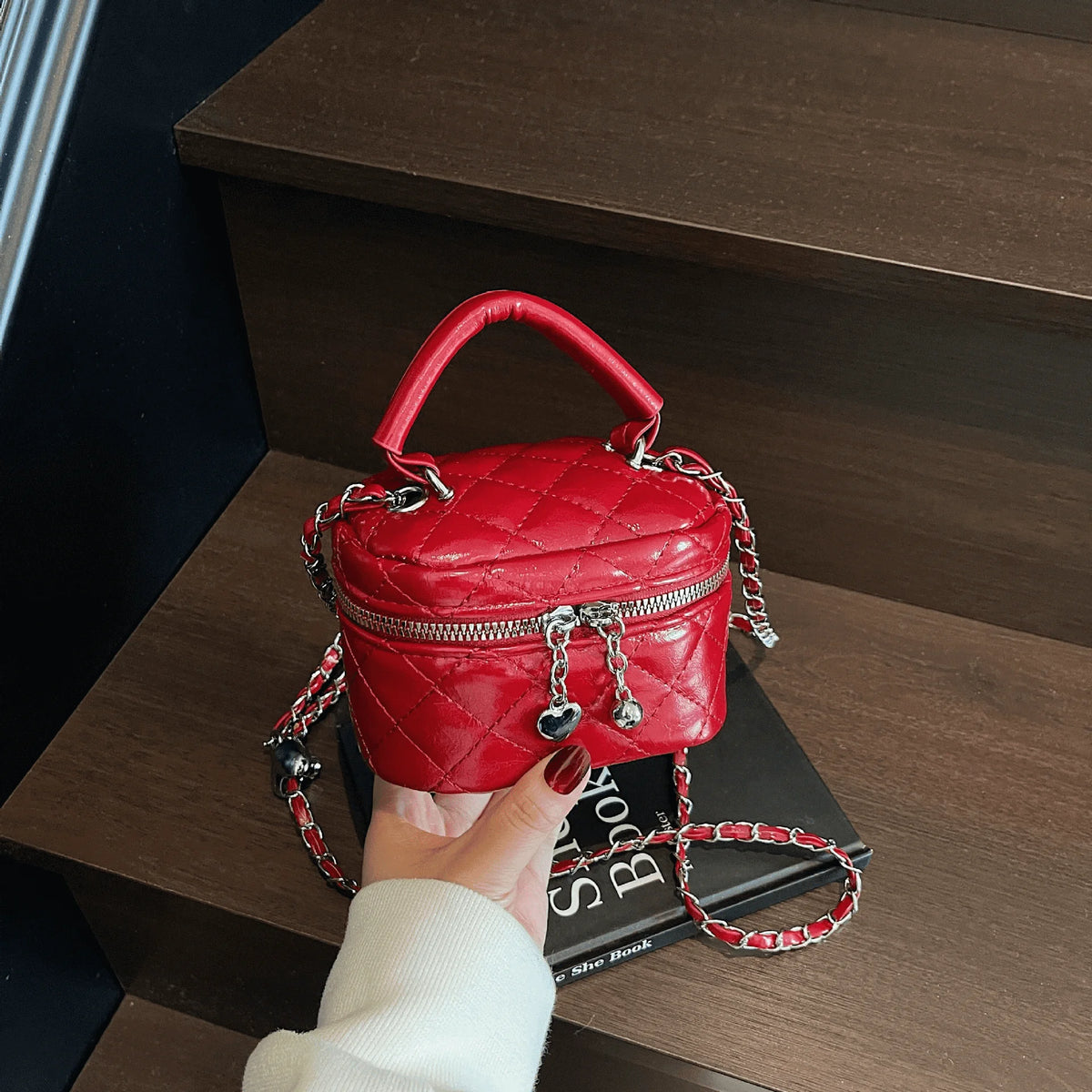 Quilted Metallic Crossbody Bag With Heart Charm Pendant