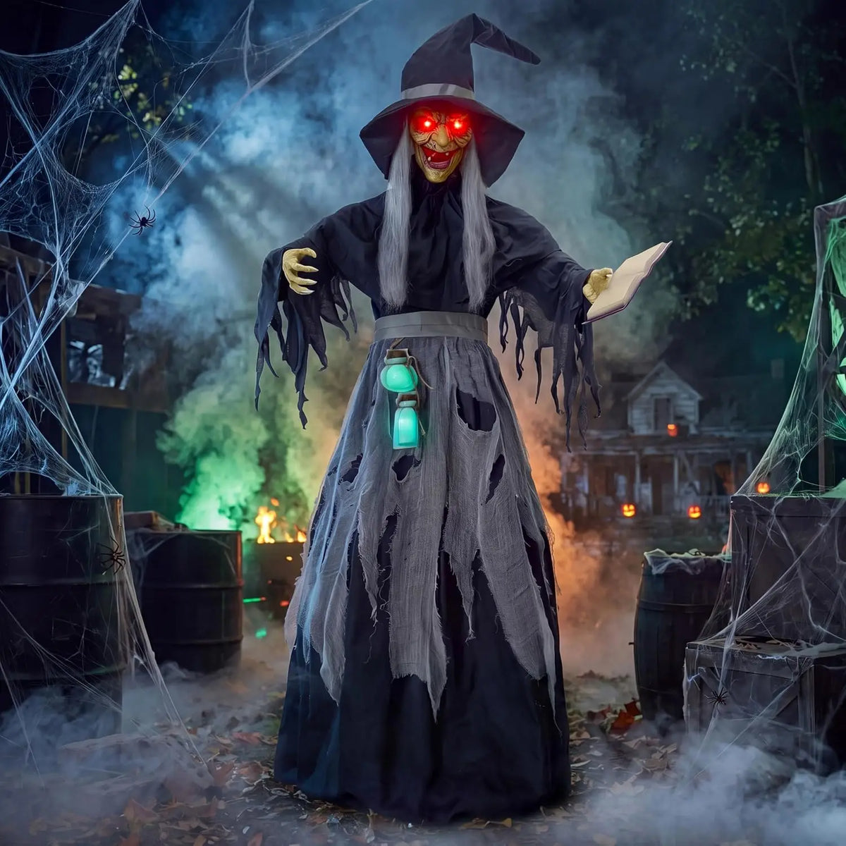 72" Halloween Decorations Outdoor Life-Size Scary Animated Witch with Spellbook, Halloween Animatronic Witch Decor with Sound Activation, Scary Haunted House Props for Garden Yard Lawn