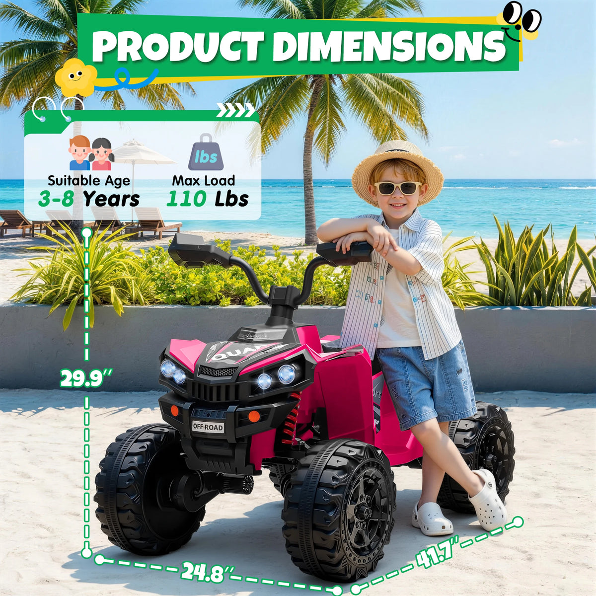 24V 4*200W Kids Ride On ATV Quad, 2 Seater Electric Off-Road Vehicle with Bluetooth, LED Lights, 3 Speeds, for Boys Girls