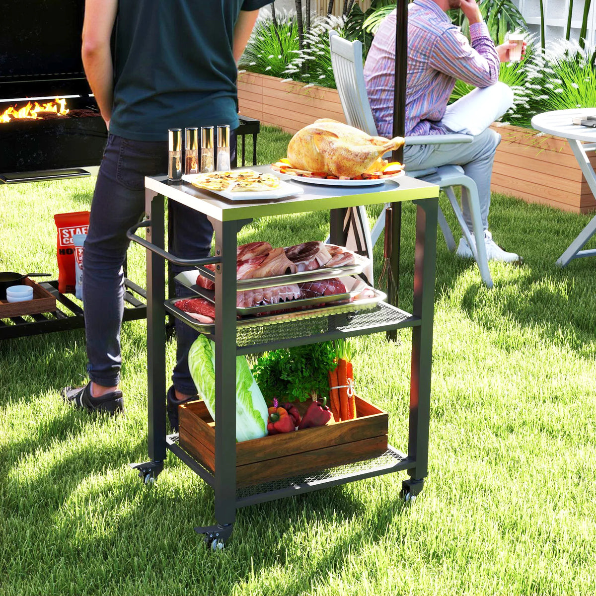 Outsunny Stainless Steel Outdoor Movable Grill Cart Food Prep Table