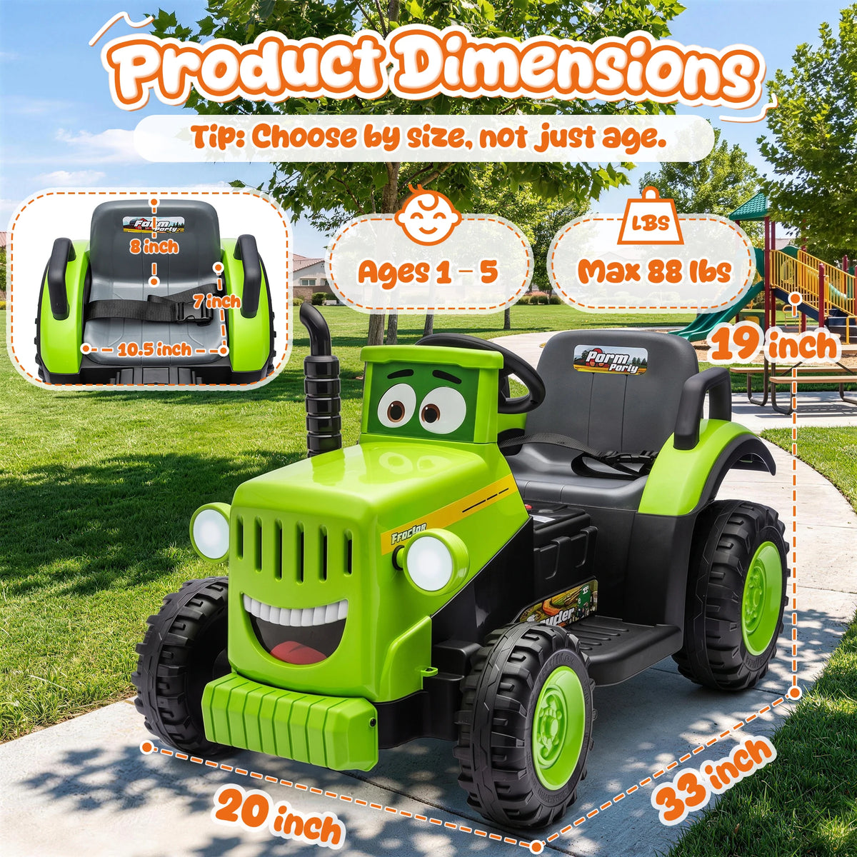 12 Volt Ride on Toys, Cute Ride On Tractor for Toddlers, Power Car Wheels with LED Lights, Music, Horn, Safety Belt