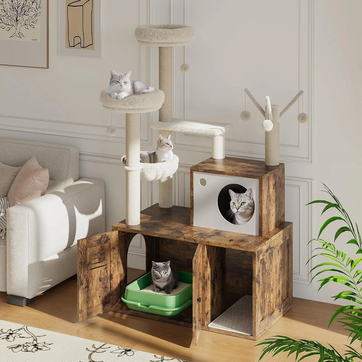 Modern Cat Tower With Integrated Litter Box Enclosure And Hammock