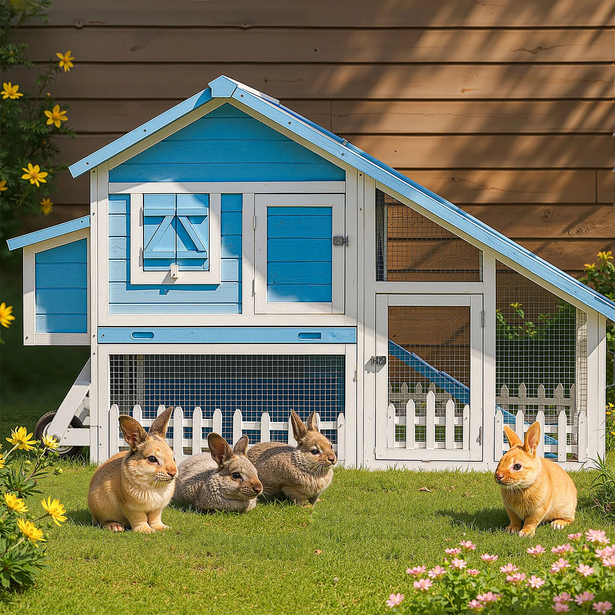 Wheeled Double Decker Rabbit Hutch With Wooden Outdoor Fence