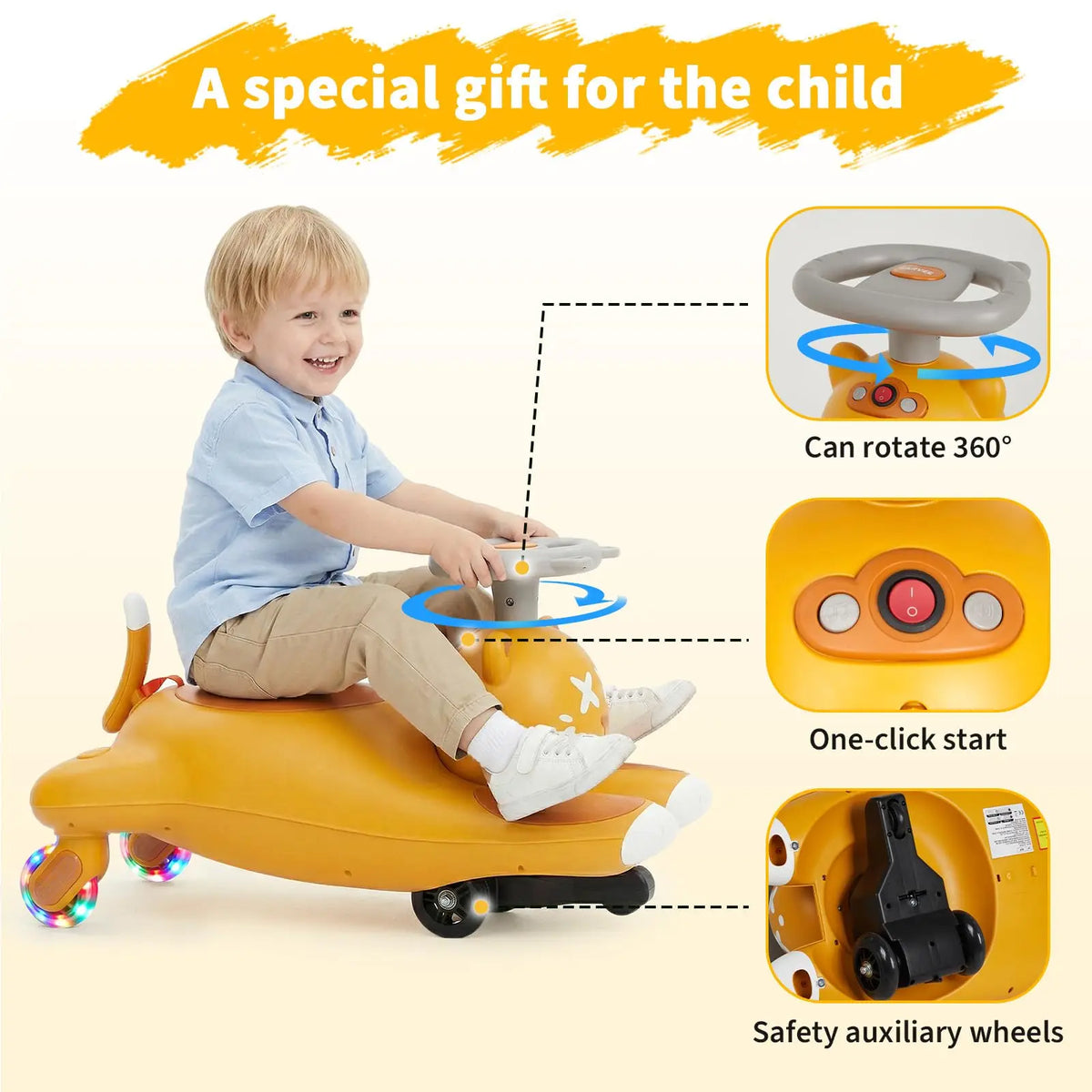 2-in-1 6V/12V Electric Wiggle Ride-On Car for Kids - Pedal Swing Car, 2 Speeds, 360° Steering, LED Flashing Wheels, wireless Music, Anti-Tip, Ages 3-6 - Mustard Yellow