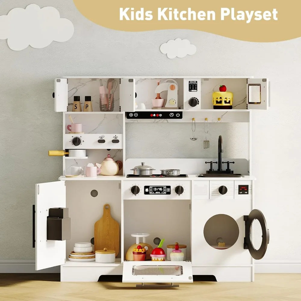 8-in-1 Wooden Play Kitchen Set For Kids gift With Lights Sounds, Ice Maker, Coffee Machine, Washer, 11 Accessories & Storage, Ages 3+