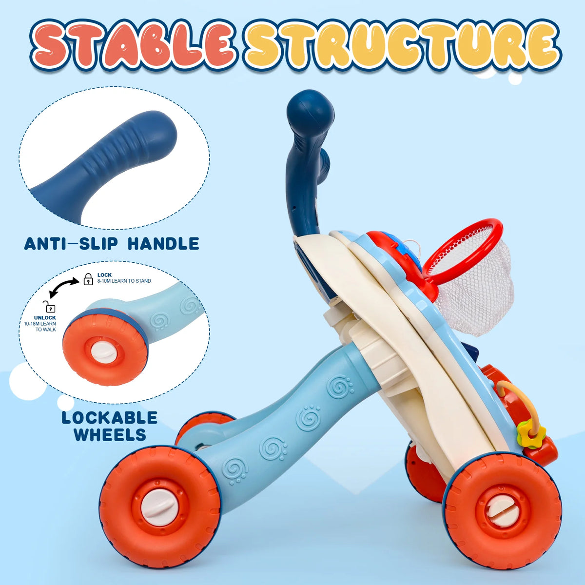 3-in-1 Multifunctional Toddler Walker, Interactive Push Toy for Early Learning, Adjustable Speed Anti-Slip Wheels, Musical Educational Activity Center