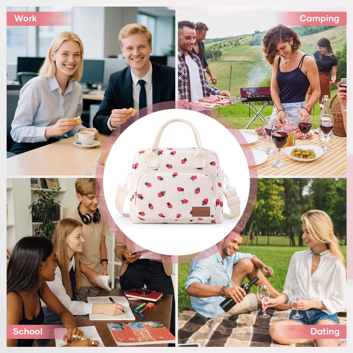 Strawberry Print Insulated Corduroy Lunch Bag With Detachable Shoulder Strap