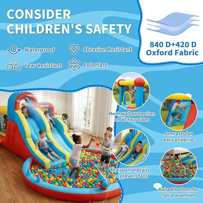 All-Season 8-in-1 Inflatable Water Park – Double Slides, Large Pool, Climbing Walls, 550W Blower Durable Oxford Material For Kids Indoor/Outdoor Bouncy Castle Playset