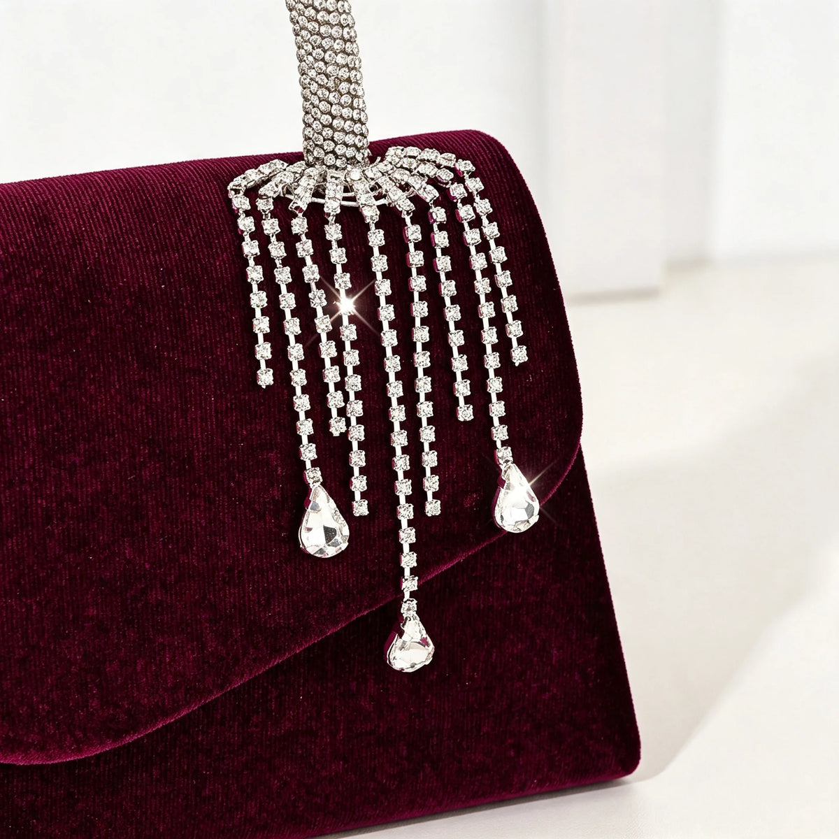Velvet Envelope Clutch With Rhinestone Tassel And Crossbody Chain