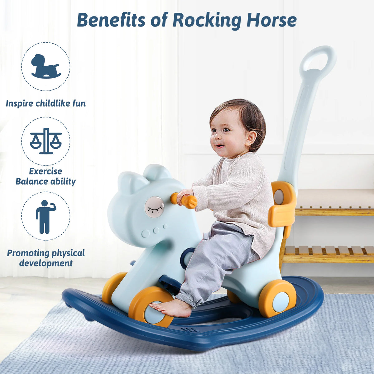 4‑in‑1 Unicorn Rocking Horse for Toddlers 1‑3 Years Old, Baby Ride On Toy, Convertible Rocker & Sliding Car with Safety Backrest, Kids Indoor Play Toy for Boys Girls Birthday Christmas Gift