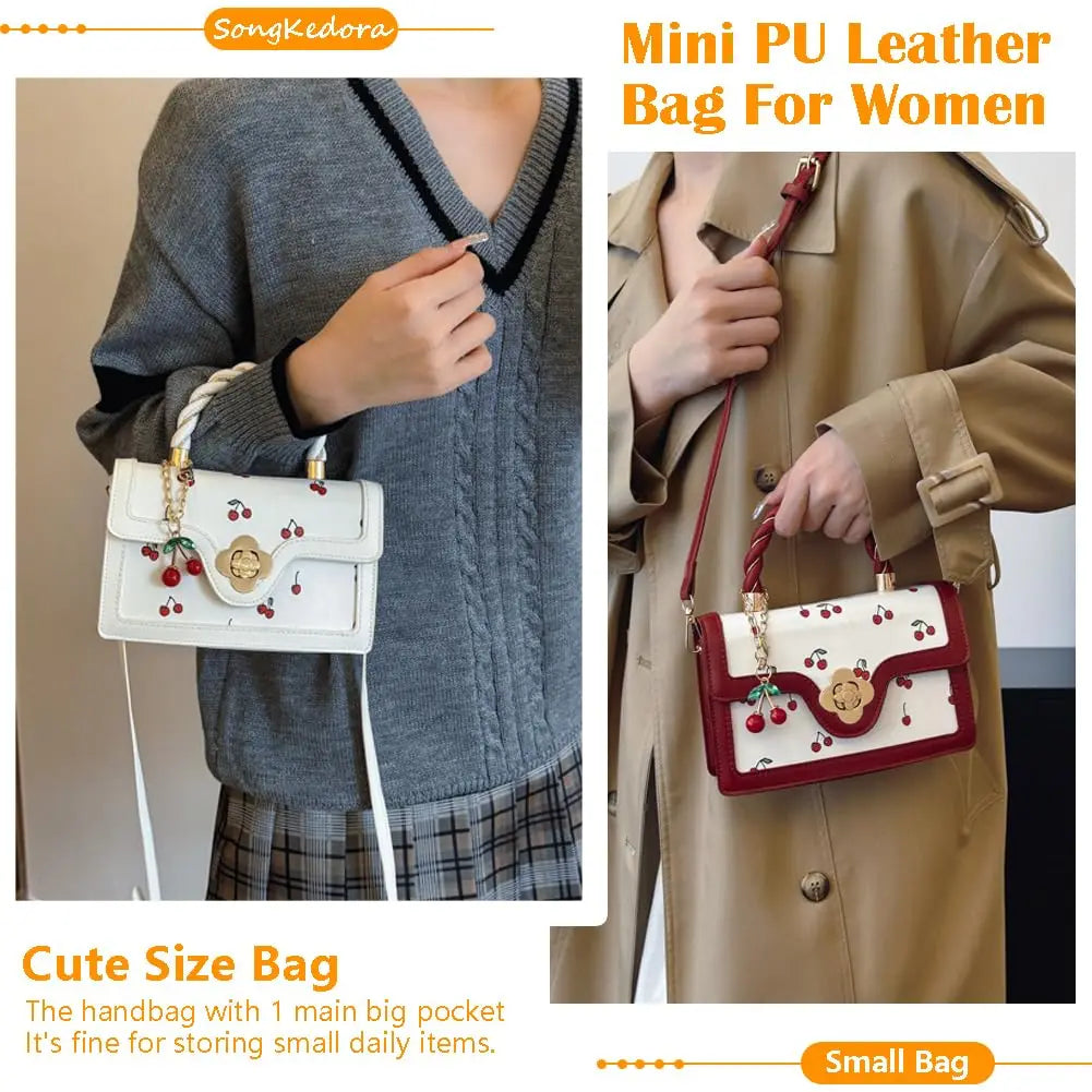 Women Cherry Print Crossbody Bag With Twist Handle Lock