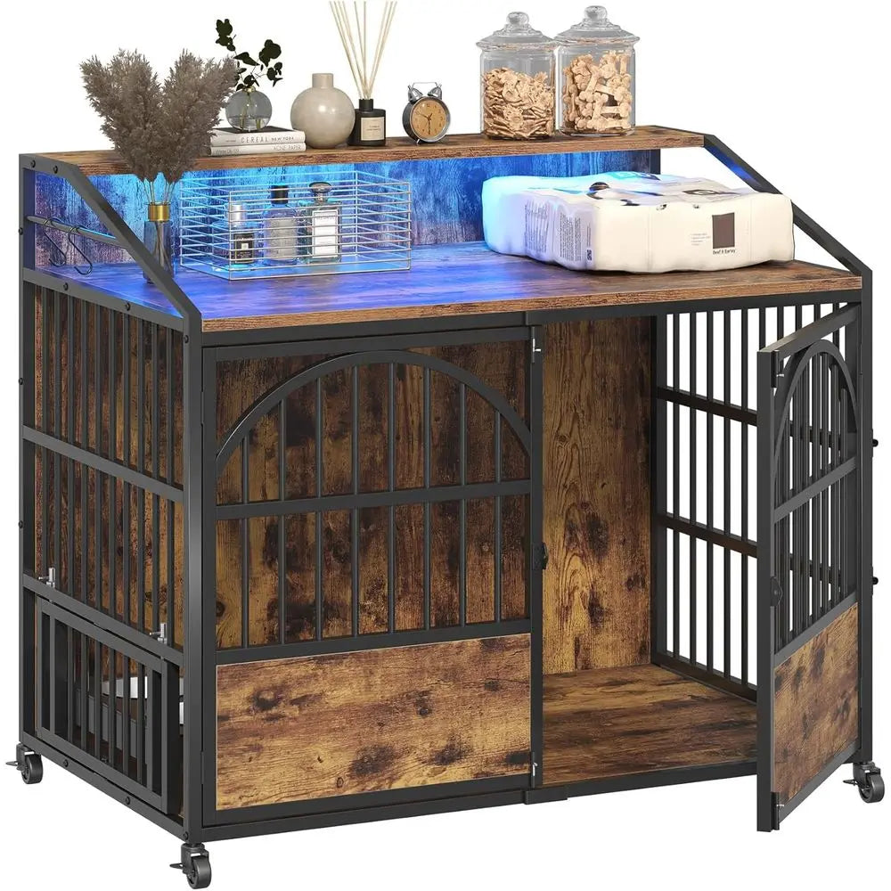 Heavy Duty Dog Crate Furniture With Stainless Steel Bowls