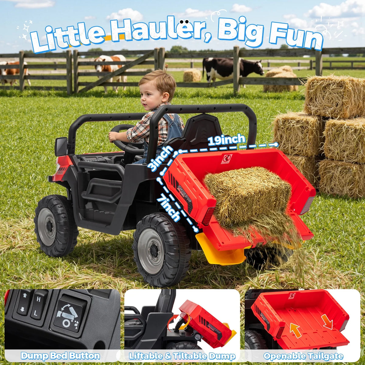 24V Ride On Dump Truck, Ride On Toys W/Remote Control, 3 Speeds, Electric Dump Bed & Shovel, Shock Absorbers, Led Lights, Bluetooth & Gift Bow, Electric Car for Kids