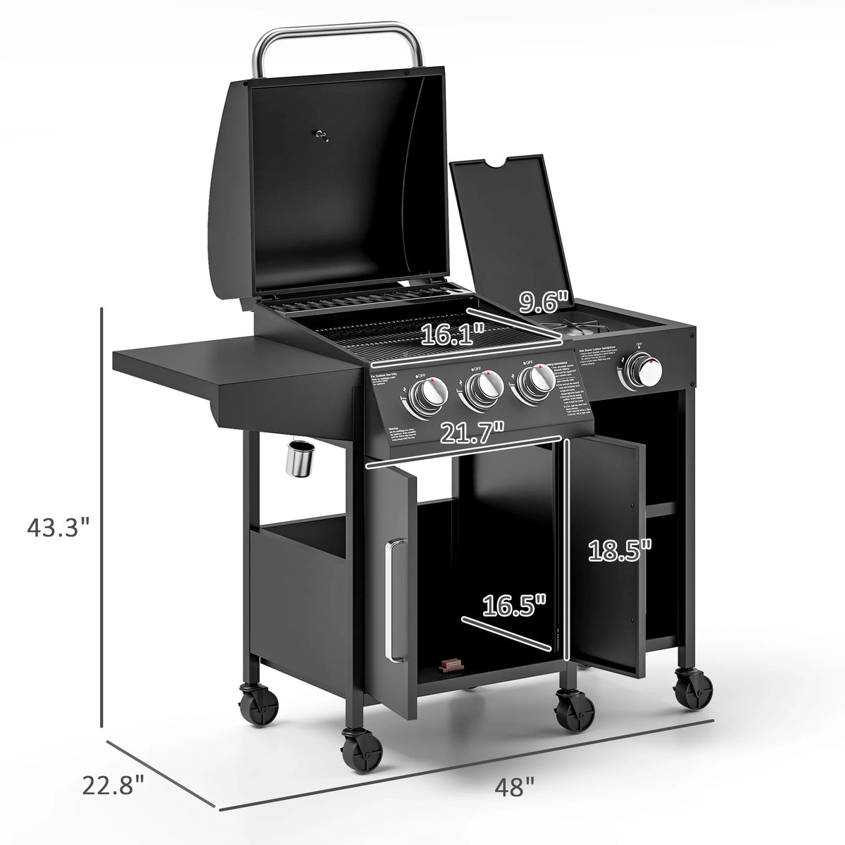 Outsunny 3 Burner Gas Grill With Side Burner And Shelves