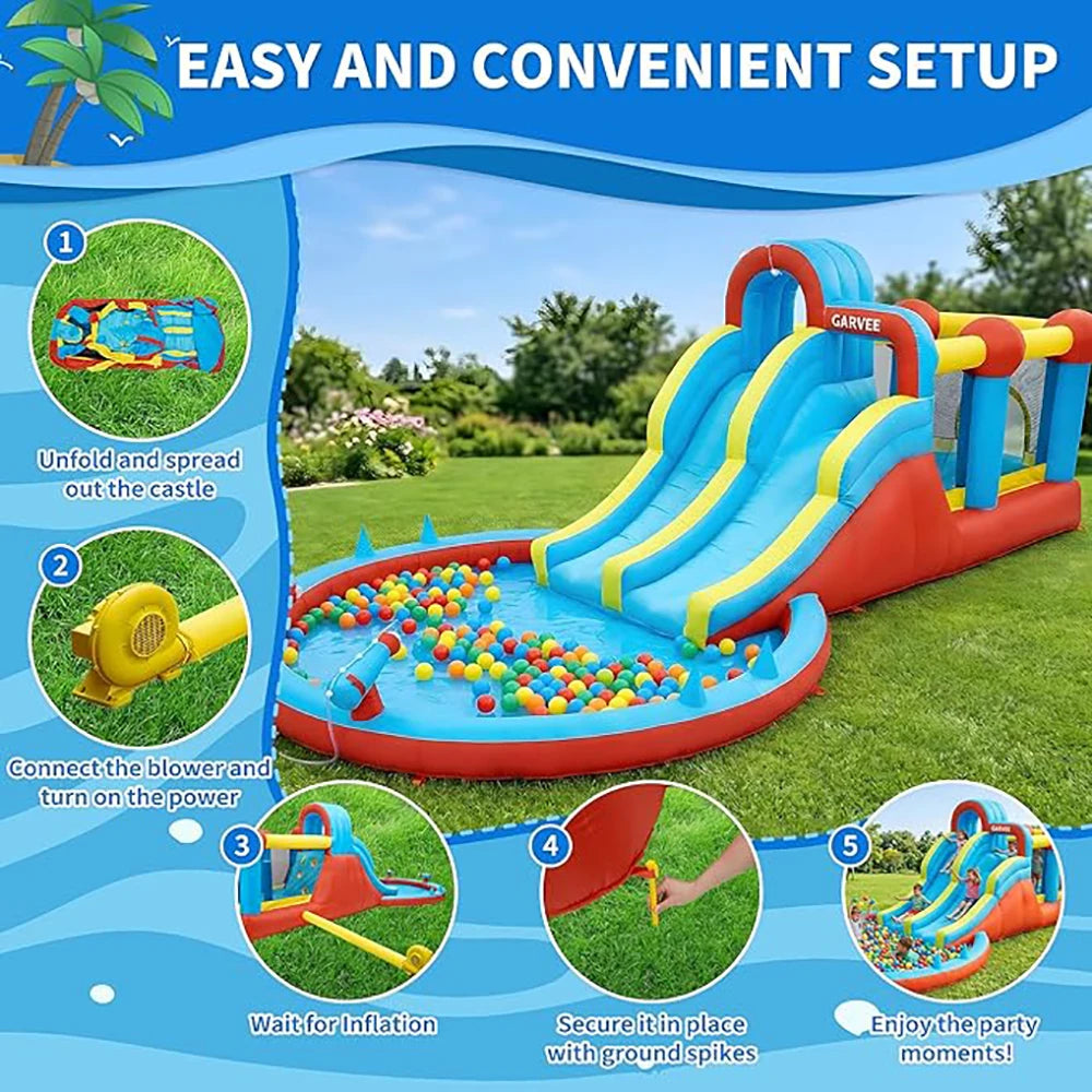 All-Season 8-in-1 Inflatable Water Park – Double Slides, Large Pool, Climbing Walls, 550W Blower Durable Oxford Material For Kids Indoor/Outdoor Bouncy Castle Playset