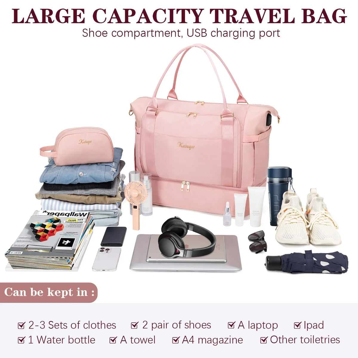 Kabaqoo Waterproof Travel Gym Bag With Shoe Compartment