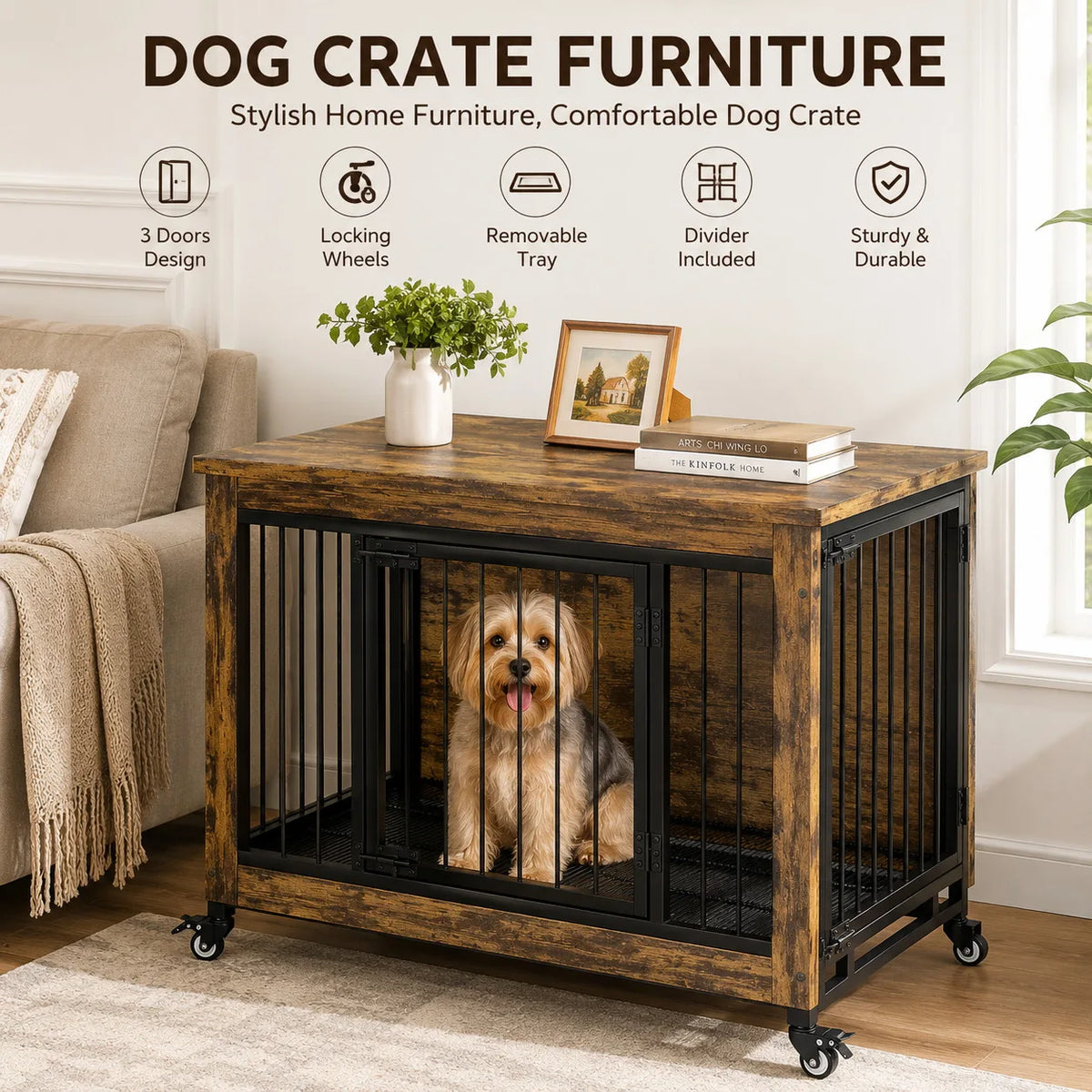Anixol Wooden Dog Crate Side Table and Removable Tray