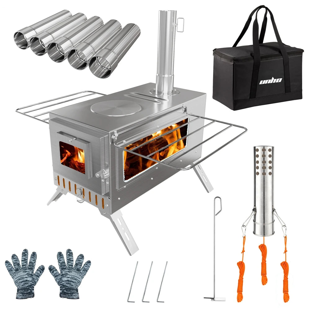 Stainless Steel Portable Wood Burning Camping Stove With Chimney Pipes