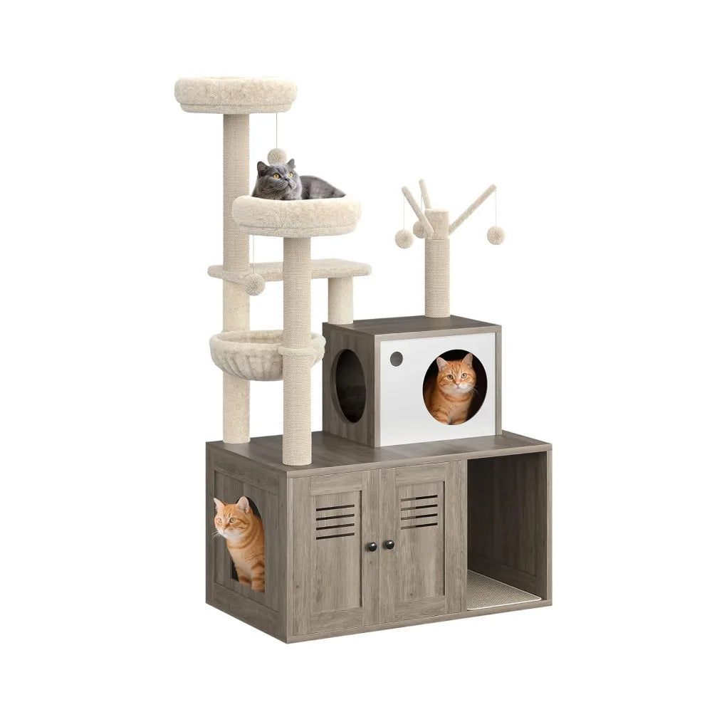 Modern Cat Tower With Integrated Litter Box Enclosure And Hammock
