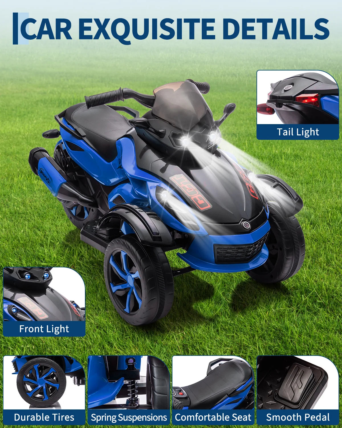 12V Kids Ride-On ATV 3-Wheel Electric Motorcycle - Battery Powered Ride-On Toy - LED Lights & Music - Treaded Tires for Outdoor Off-Road - Ages 3-8