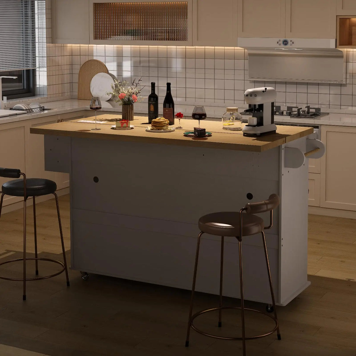 Onbrill Rolling Kitchen Island With Power Outlet And Spice Rack
