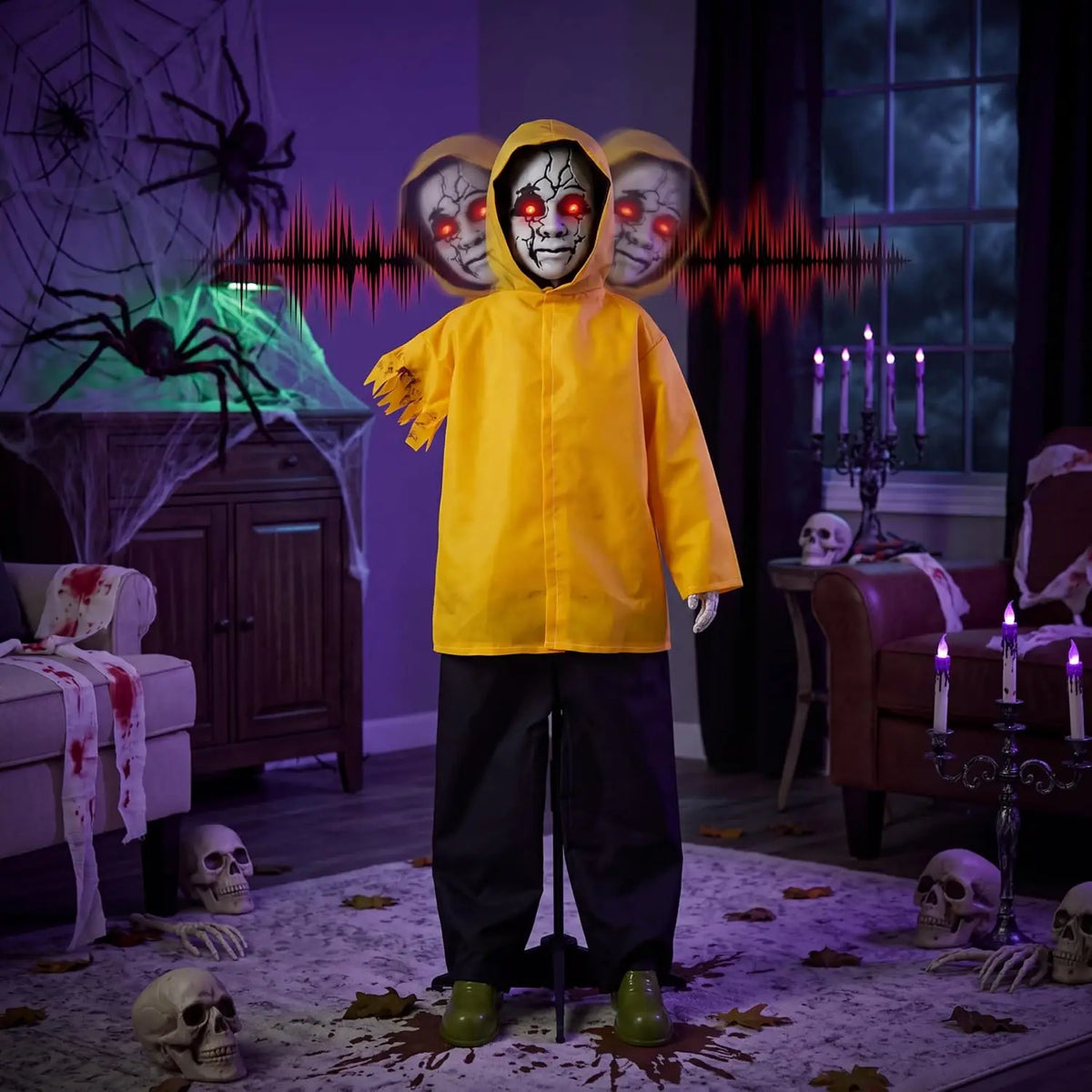 49" Life Size Halloween Animatronics Ghost Halloween Decorations Outdoor Ghost Decor Sound Activated with Glowing Eyes, Scary Haunted House Props for Garden Yard Lawn
