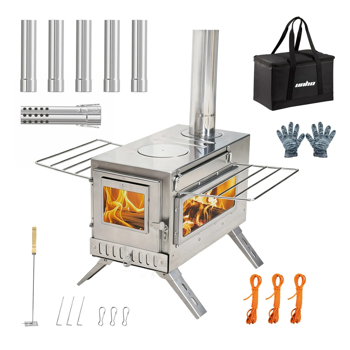 Portable Stainless Steel Stove with 7 Chimney Pipes for Camping