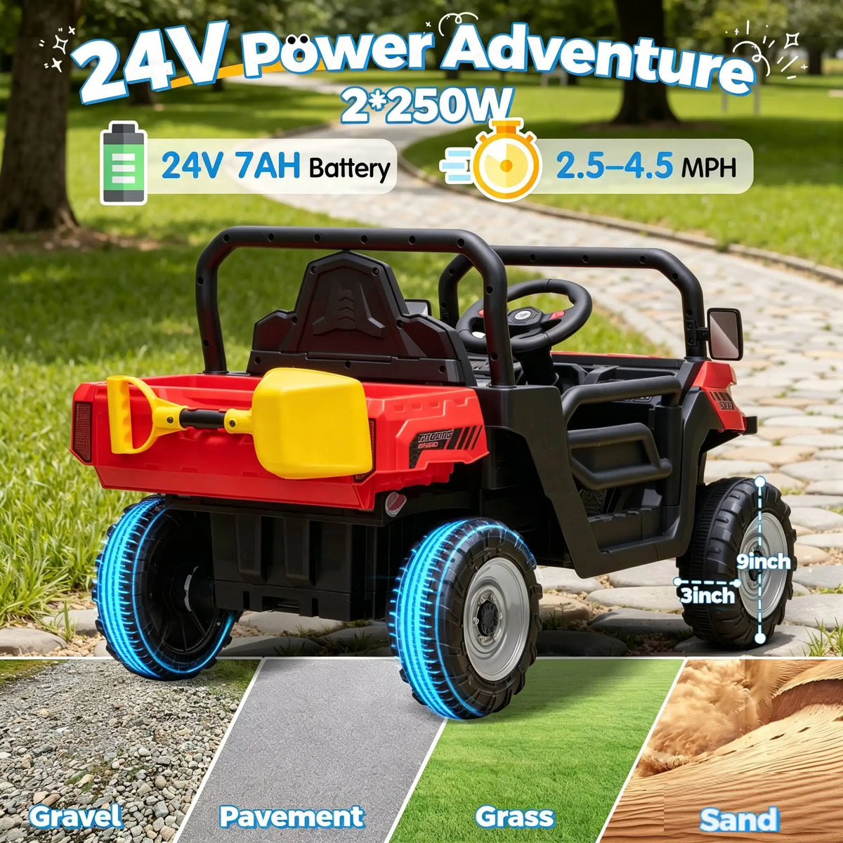 24V Ride On Dump Truck, Ride On Toys W/Remote Control, 3 Speeds, Electric Dump Bed & Shovel, Shock Absorbers, Led Lights, Bluetooth & Gift Bow, Electric Car for Kids