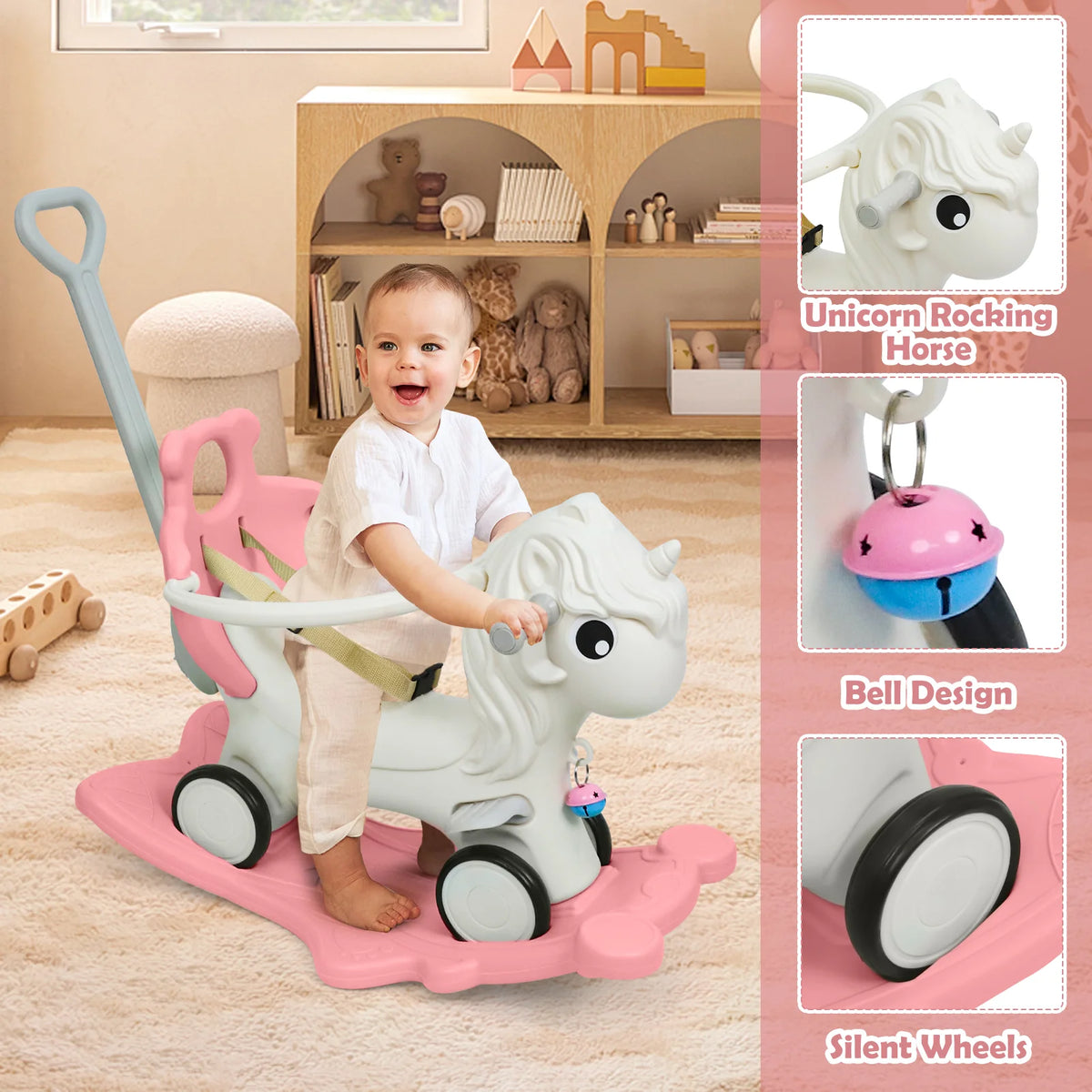 2 in 1 Toddler Rocking Horse, Unicorn Kids Ride On Toy with Safety Guardrail, Seat Belt & Wheels, Indoor Outdoor Play Gift for Boys Girls Ages 1-3