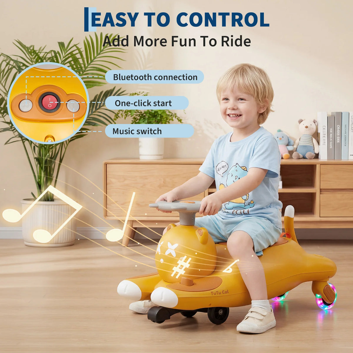 2-in-1 6V/12V Electric Wiggle Ride-On Car for Kids - Pedal Swing Car, 2 Speeds, 360° Steering, LED Flashing Wheels, wireless Music, Anti-Tip, Ages 3-6 - Mustard Yellow
