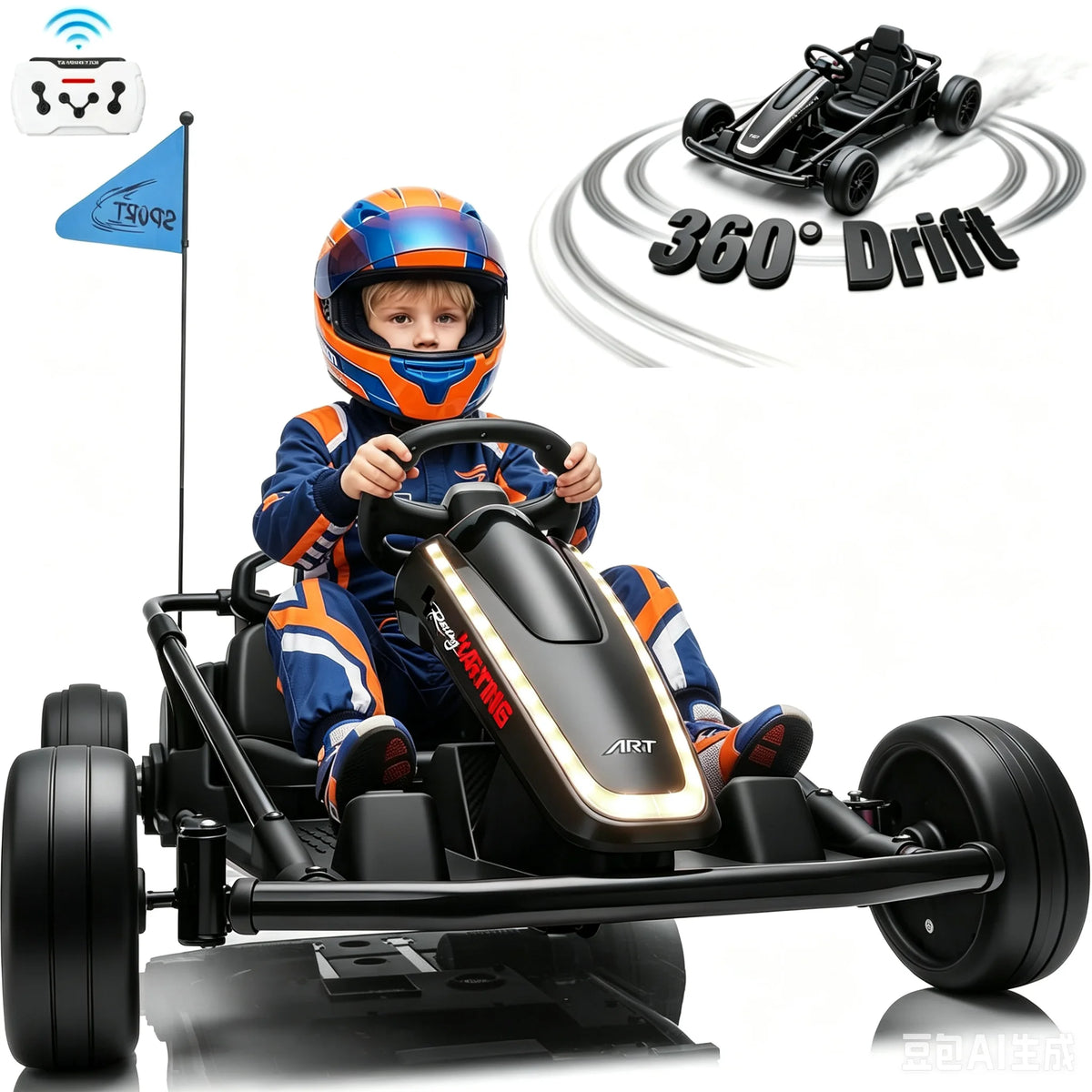24V Kids Electric Go Kart Dual Motor Ride On Car with Remote Control, 5-10MPH 3 Speed Drift Kart for Kids, Bluetooth Music LED Lights, Max Load 135Lbs Outdoor Ride On Toy Vehicle Gift