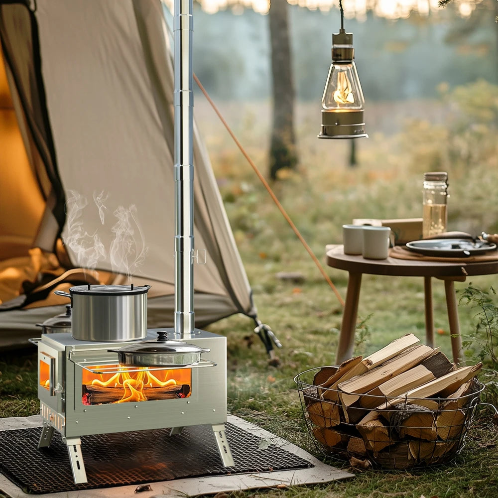 Stainless Steel Portable Wood Burning Camping Stove With Chimney Pipes