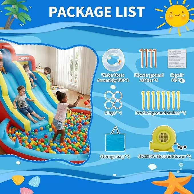 All-Season 8-in-1 Inflatable Water Park – Double Slides, Large Pool, Climbing Walls, 550W Blower Durable Oxford Material For Kids Indoor/Outdoor Bouncy Castle Playset