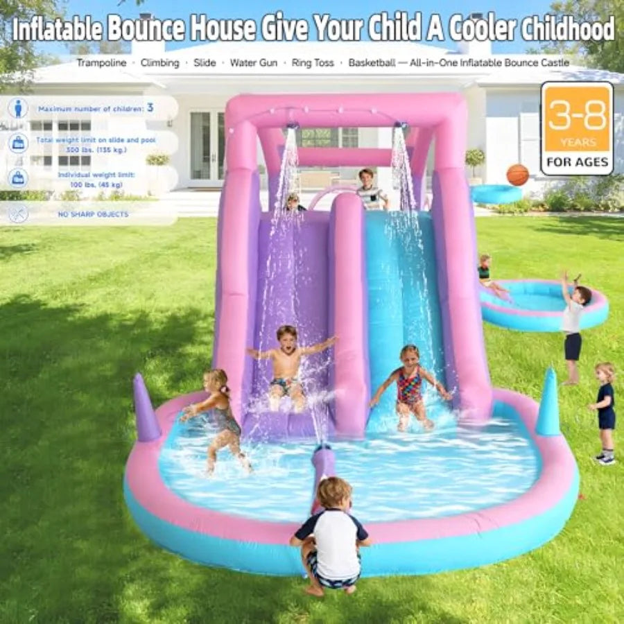 Backyard water park for kids ages 3-8: inflatable bounce house with 3 slides, splash pool, water cannon, ball pit, basketball h