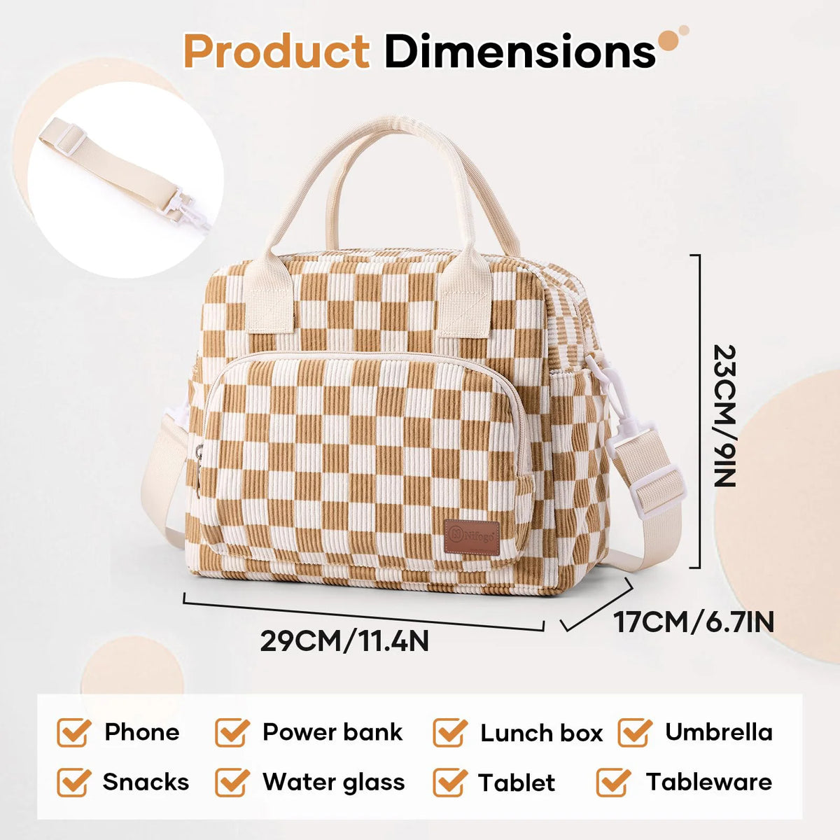 Strawberry Print Insulated Corduroy Lunch Bag With Detachable Shoulder Strap