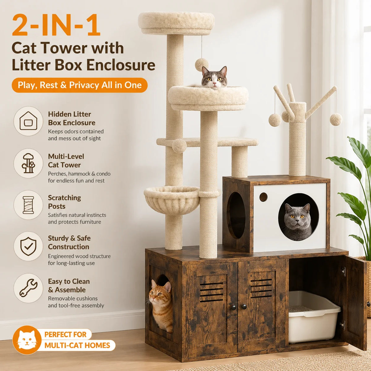 Modern Cat Tower With Integrated Litter Box Enclosure And Hammock
