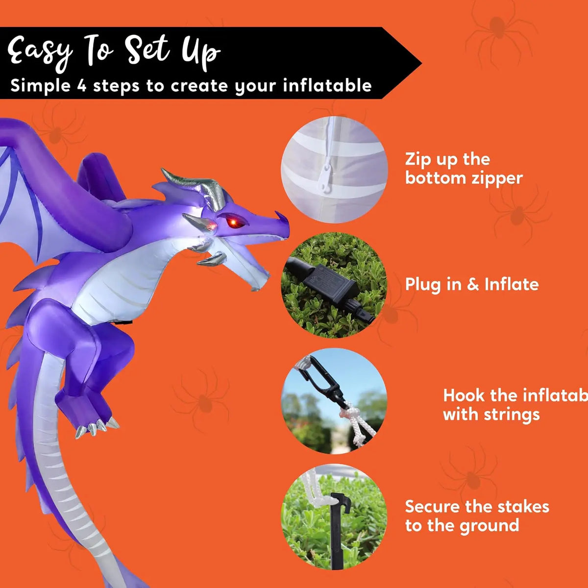 5FT Tall Halloween Inflatable Flying Purple Dragon Decoration with Built-in LED Lights Blow Up Flying Purple Dragon for Hanging Porch Tree Eave Yard Lawn Garden, Spooky Halloween Decor