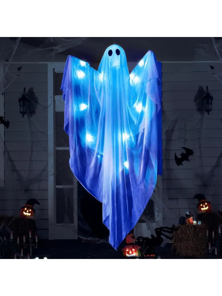 47'' White Ghosts Halloween Hanging Light up Ghost with Spooky Blue LED Light Halloween Hanging Decoration for Front Yard Patio Lawn Garden Party Decor Indoor Outdoor, Photobooth Props