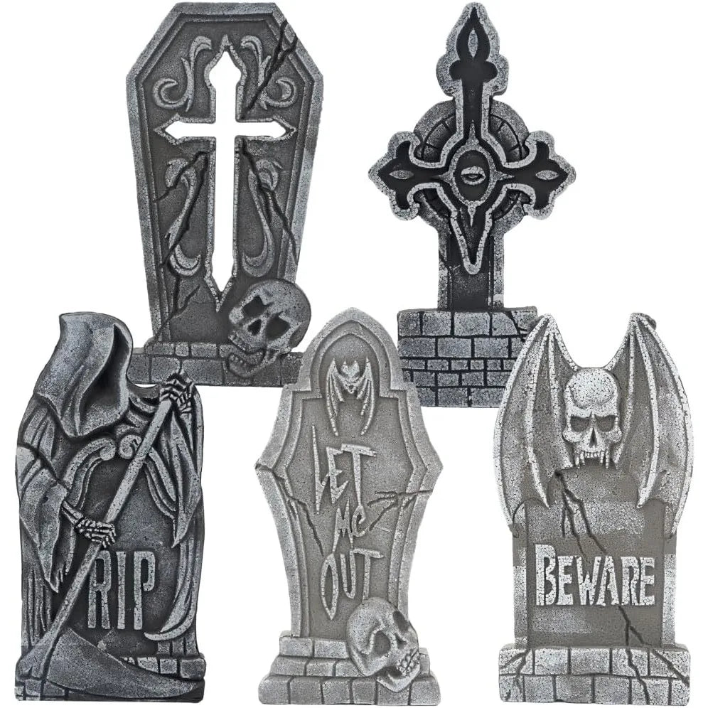 17" Halloween Graveyard Foam Headstones Halloween Decorations Outdoor Tombstones 5 Pack Decor with 12 Metal Stakes for Prop Cemetery Yard Lawn Decorations, Party Supplies