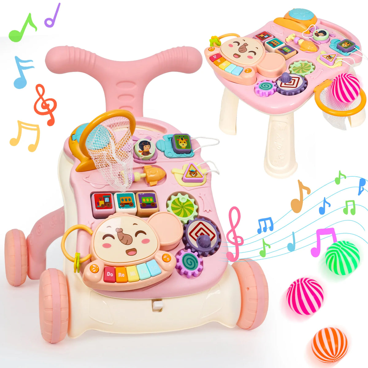 3-In-1 Multifunctional Scientific Early Learning Walking Cart, an Interactive Push Toy Designed to Assist Toddlers in Walking, Featuring Gentle Music, Adjustable Speed, Non-Slip Wheels, And an Educational Activity Center