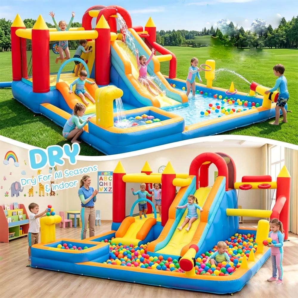 Jump 'N Slide Inflatable Bouncer for Kids, Heavy Duty Blower, Stakes Repair Patches Storage Bag, Indoor Outdoor Bounce House