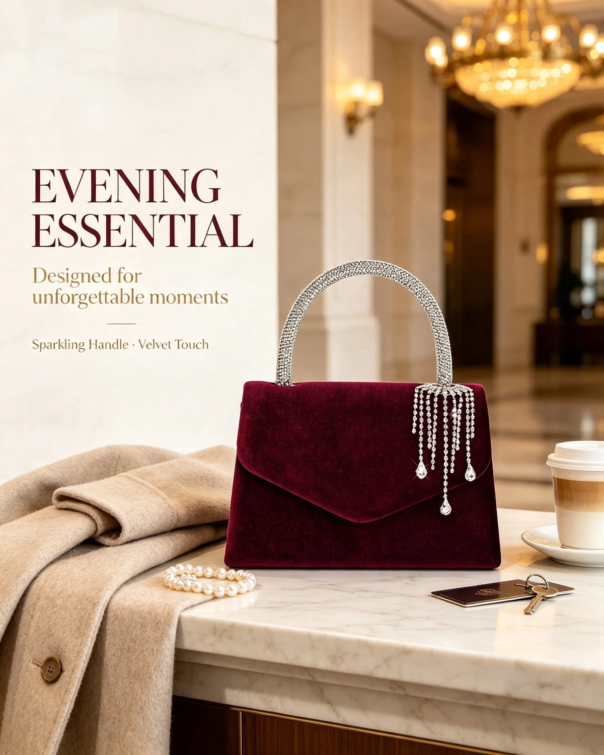 Velvet Envelope Clutch With Rhinestone Tassel And Crossbody Chain