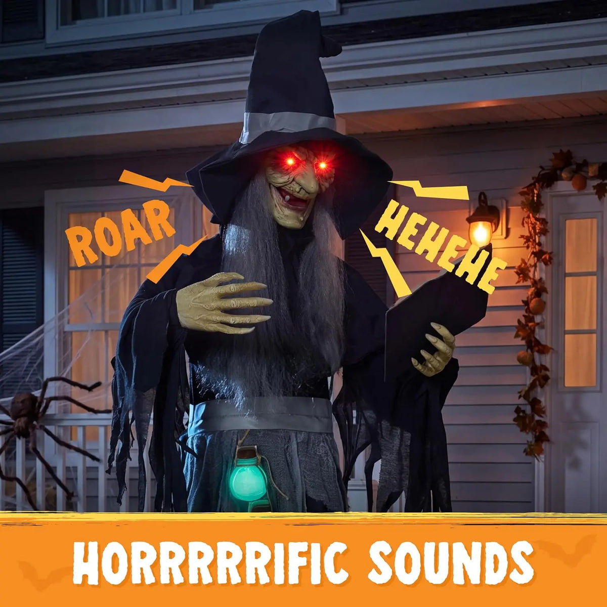 72" Halloween Decorations Outdoor Life-Size Scary Animated Witch with Spellbook, Halloween Animatronic Witch Decor with Sound Activation, Scary Haunted House Props for Garden Yard Lawn