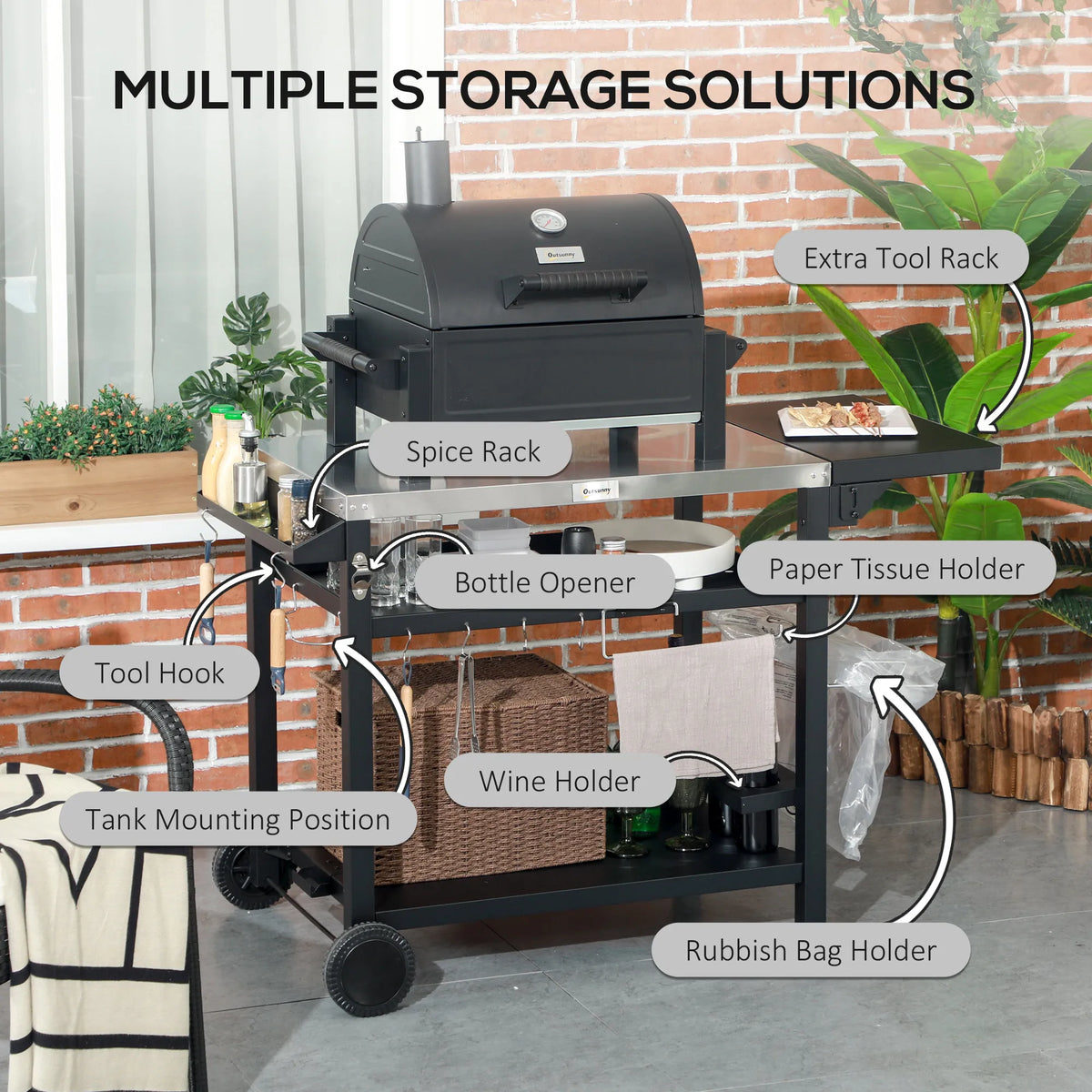Outsunny Stainless Steel Outdoor Grill Cart With Three Utility Shelves