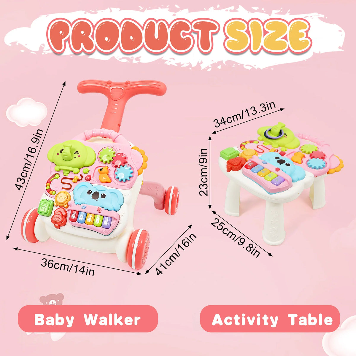 3-in-1 Multifunctional Scientific Early Learning Walking Cart, Toddler Assist Walking Interactive Push Toy with Soft Music, Adjustable Speed, Non-Slip Wheels & Educational Activity Center