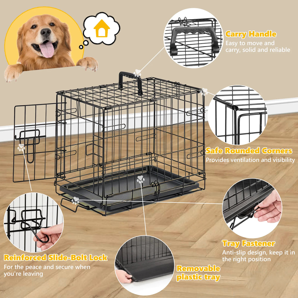 JHK Metal Foldable Dog Crate With Secure Lock Design