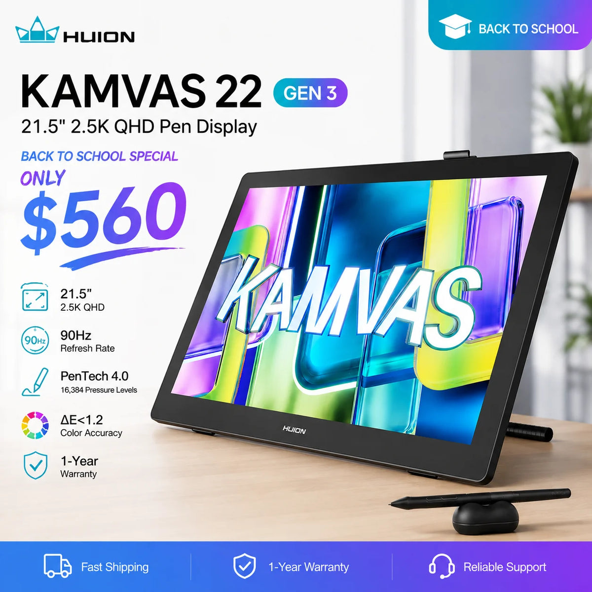 Huion Kamvas 22 Gen 3 Graphics Tablet Pentech 4.0 16384 Pressure Levels 99%sRGB 21.5inch Support Linux MacOS Android Windows