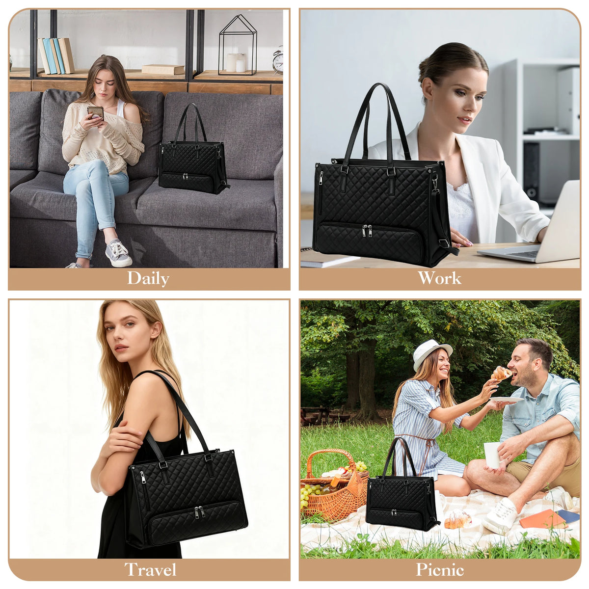 Women's Quilted Waterproof Laptop Tote With Insulated Lunch Compartment