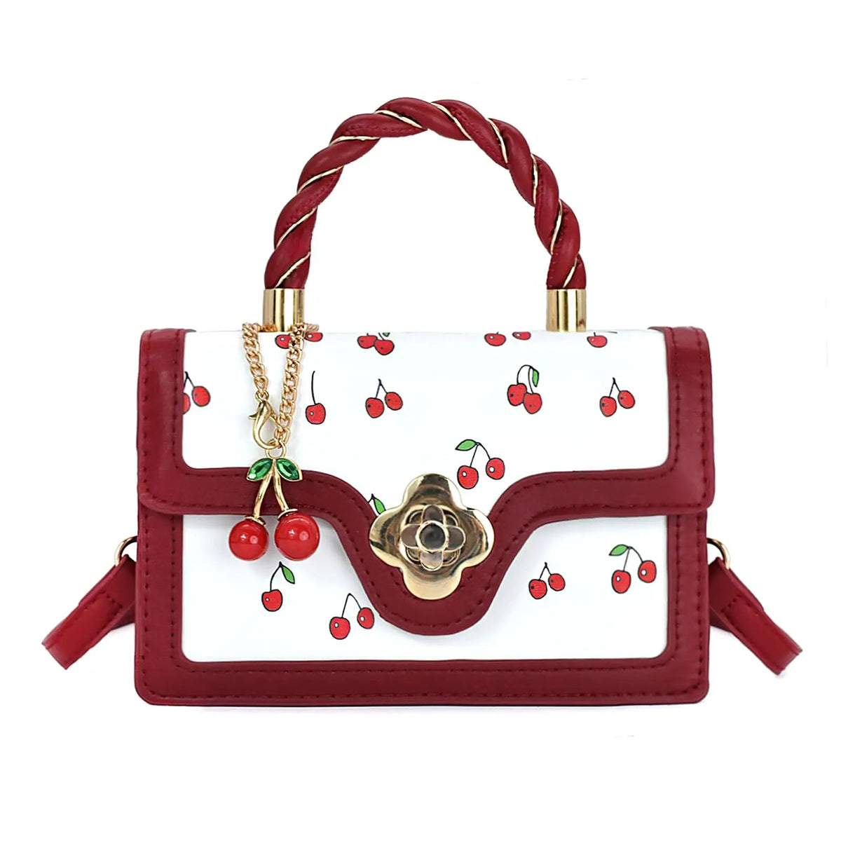 Women Cherry Print Crossbody Bag With Twist Handle Lock