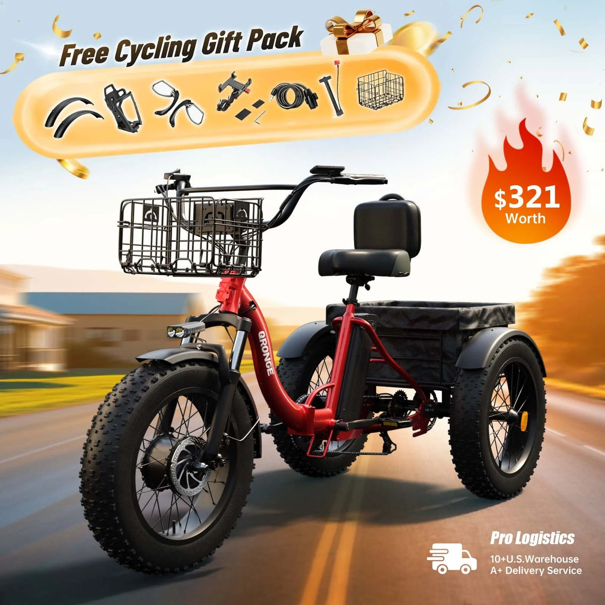 QRONGE Folding Electric Tricycle 1200W 20AH Battery Fat Tire
